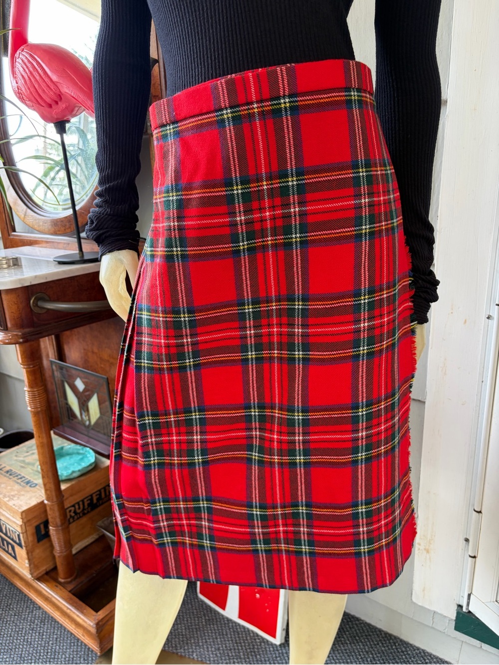 Authentic Scottish Midi Red Plaid Pleated Wool Tartan Skirt
